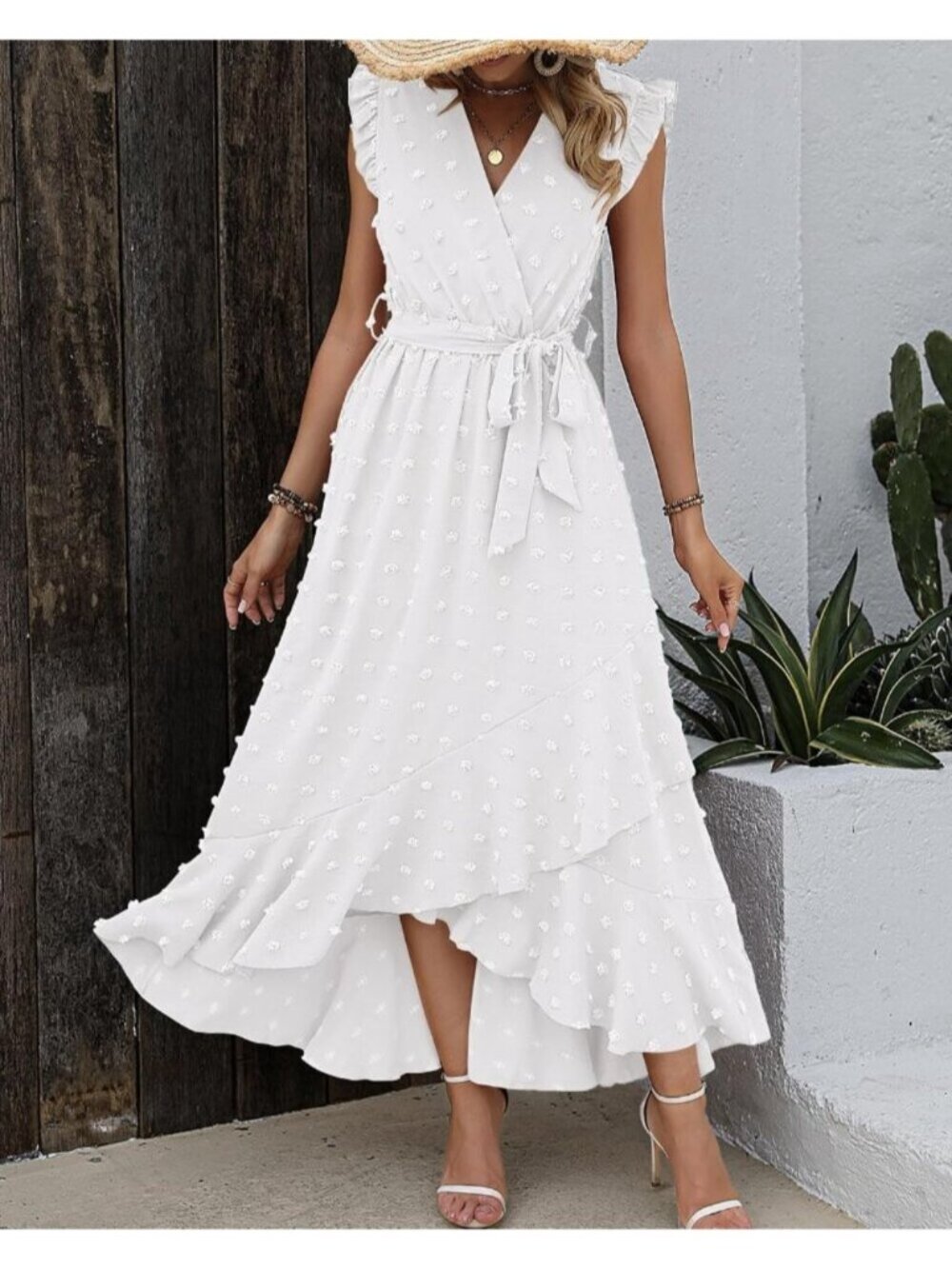 Women's White Swiss Dot Cap Sleeve V Neck Tie Waist Imported Causal Maxi Dress - Picture 3 of 6